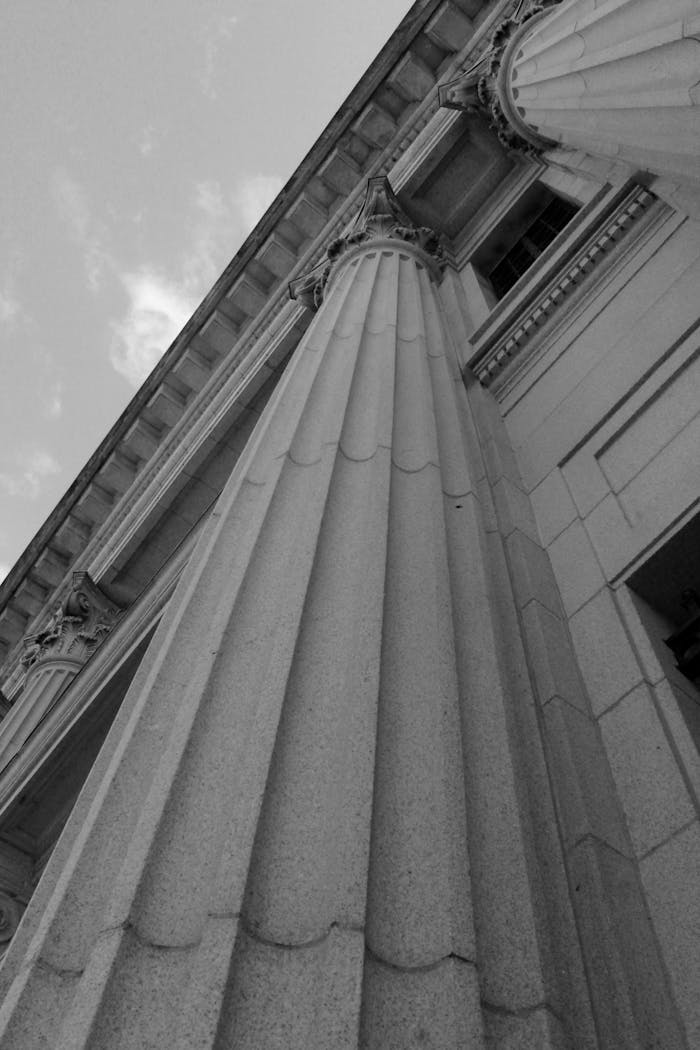 Black and white image of grand architectural columns symbolizing strength and stability.